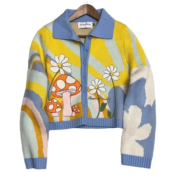 House of Sunny Cardigan Mushroom Daisy Flower Rainbow Sunshine Long Sleeve Sz 10 - Picture 6 of 11